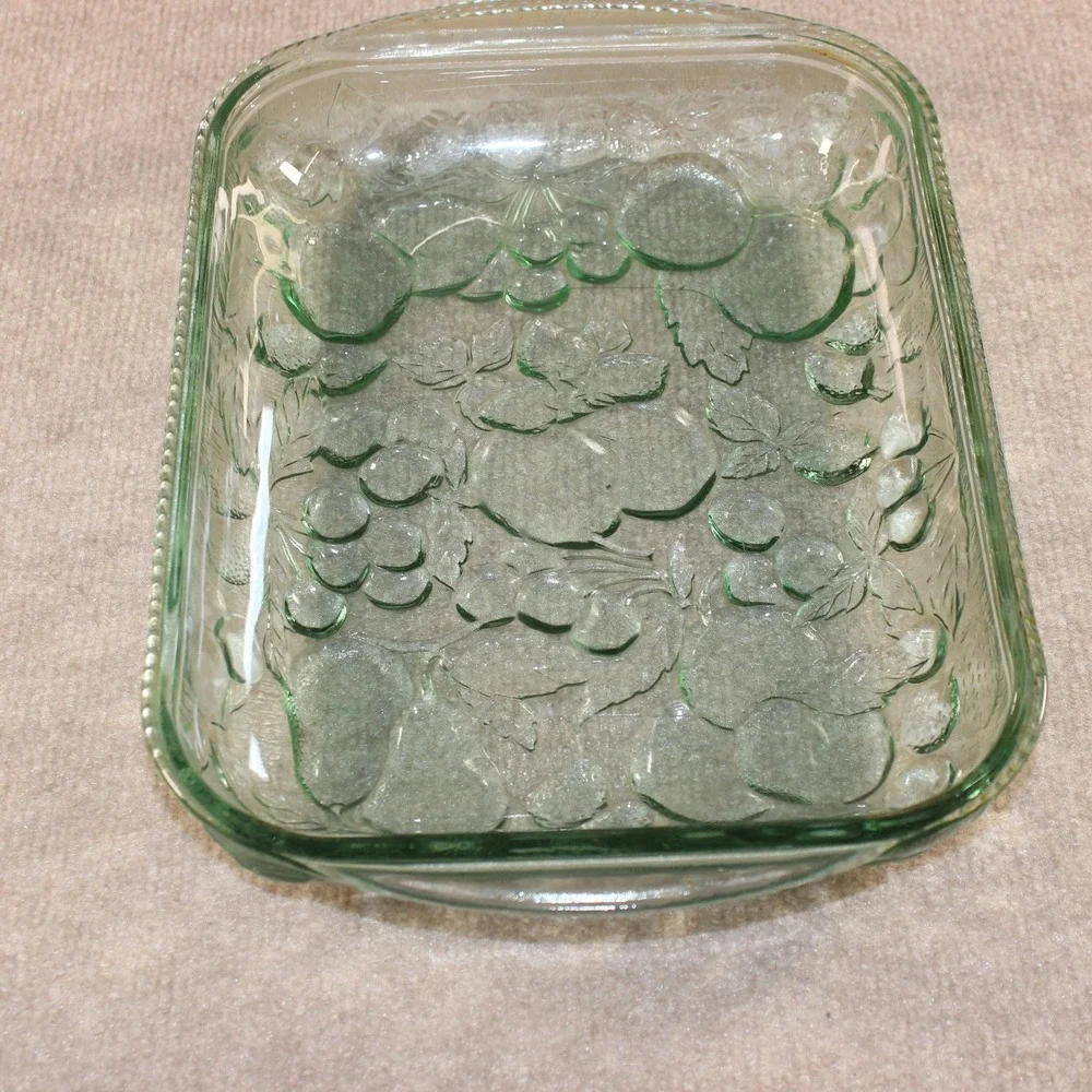 Vintage Green Glass Embossed Fruit Pattern Rectangular Serving Dish Tray 14 Inch